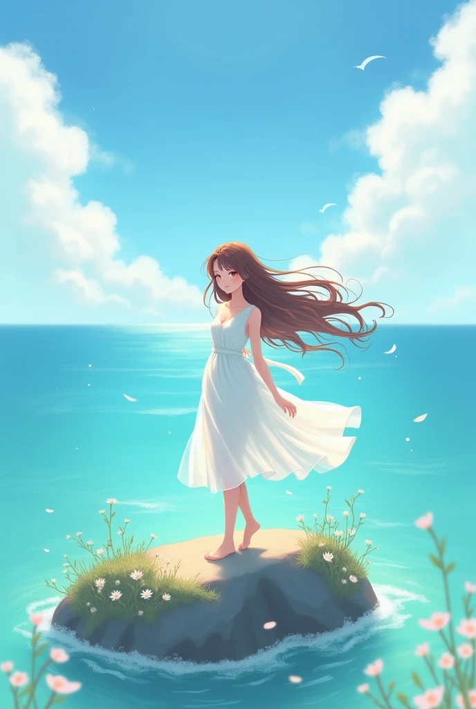 virgin of the valley , with brown hair, White dress, at sea, kawaii style 