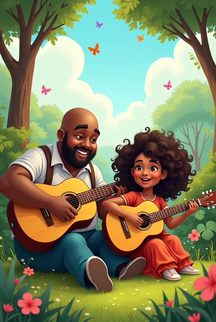 Black chubby bald man playing guitar with a 17 year old brown skinned girl with wavy hair also playing guitar cartoon style they are sitting in a garden