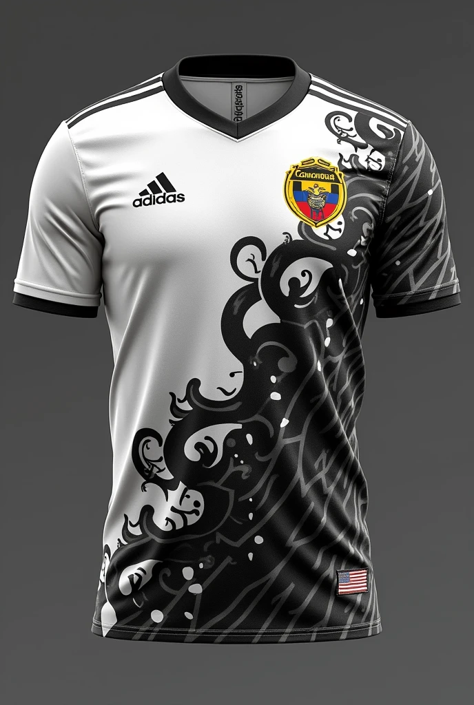 Football shirt with white and black gradient with the Colombian crest and dragons