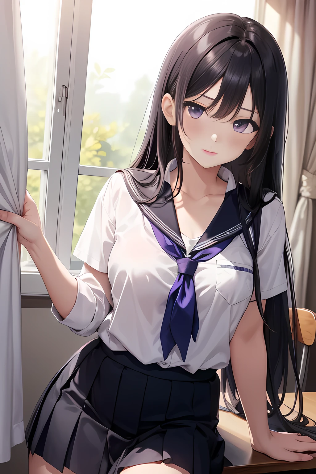 girl with long black hair, purple eyes, ((detailed eyes:1.2)), medium size breasts, school uniform, stoic, sensual, confident masterpiece, top quality, best quality, official art, beautiful and aesthetic:1.2), extremely detailed, colorful, highest detailed, anime