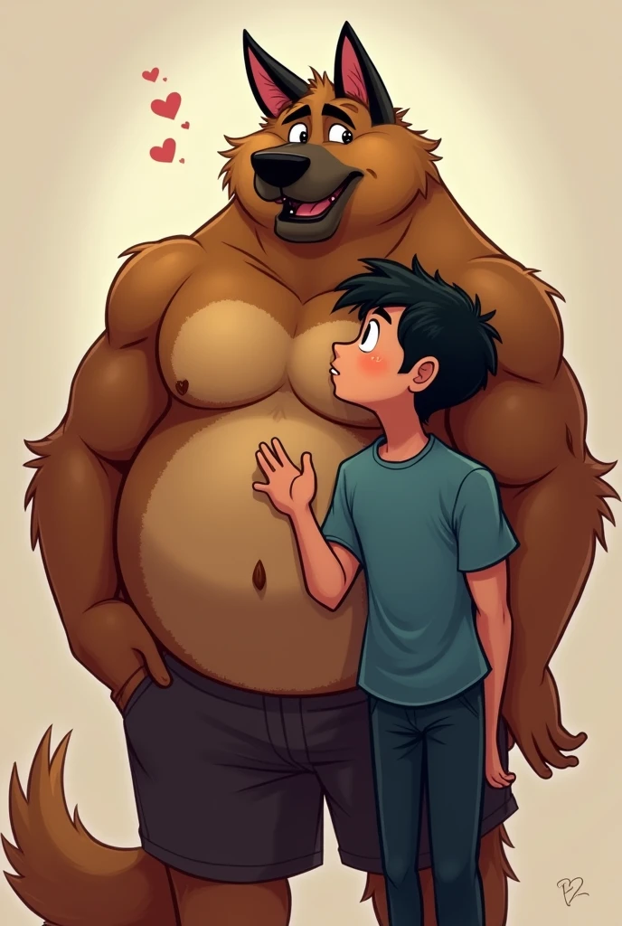 Big Men, men furry design character, furry German shepherd dog, he has big muscles, his body is big and buff, he is a father, dad, daddy, the character Is a Boyfriend, he Is kissing a boy, the boy has black hair and a blue t-shirt, the character loves the boy, he is Happy, they are kissing earch other