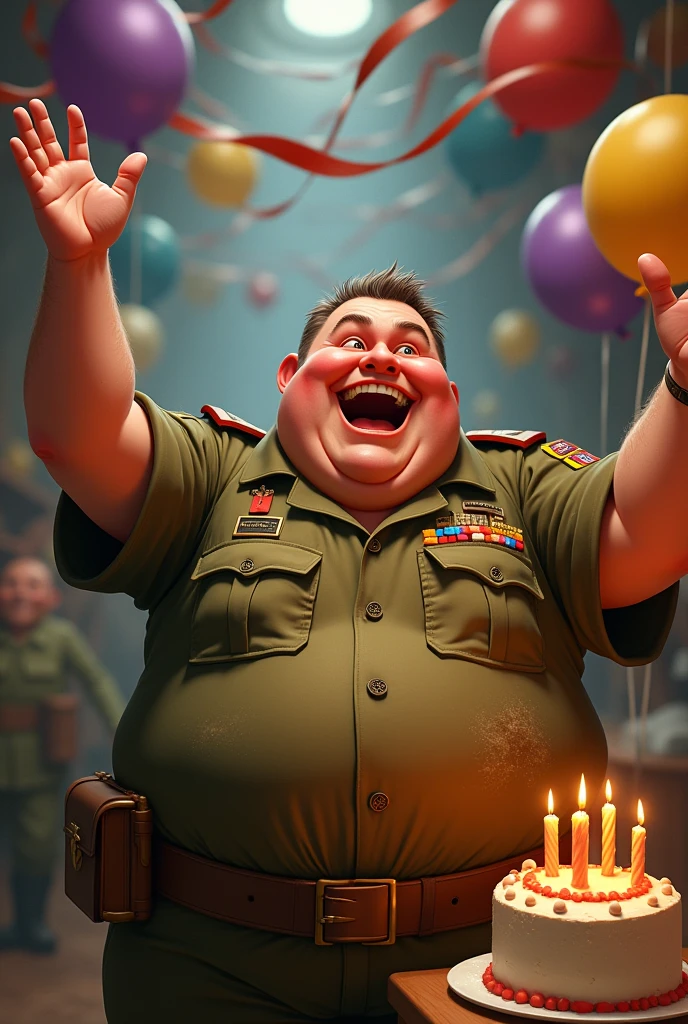 Fat soldier celebrating birthday