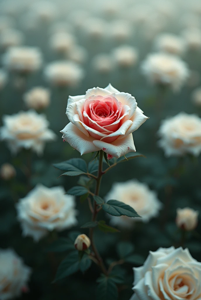 Book cover about a white rose that turns red with blood among many white roses of an incomplete love