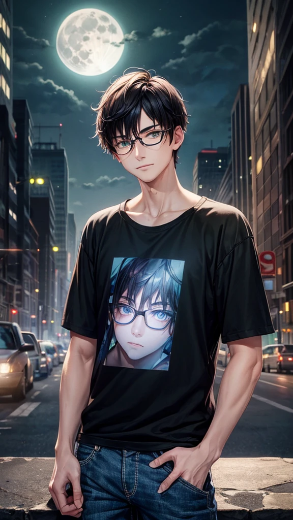 young guy, short hair, black hair, slanted eyes, green eyes, Scar on right eye, blue glasses, half smile, black t-shirt, plaid shirt, blue pants, looking at the viewer, destroyed city, full moon behind, dark night