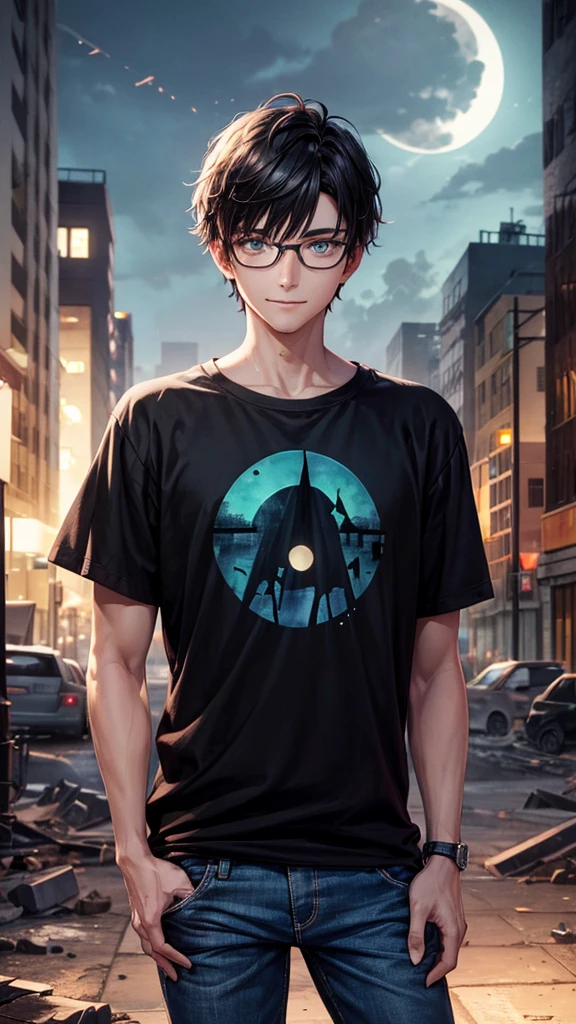 young guy, short hair, black hair, slanted eyes, green eyes, Scar on right eye, blue glasses, half smile, black t-shirt, plaid shirt, blue pants, looking at the viewer, destroyed city, full moon behind, dark night