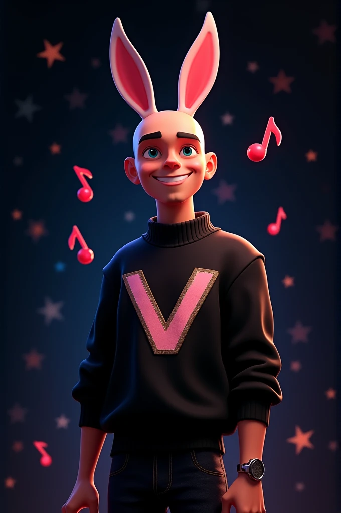 Animated version of Bad Bunny, black sweater with the letter V in the center, black background stars, musical notes