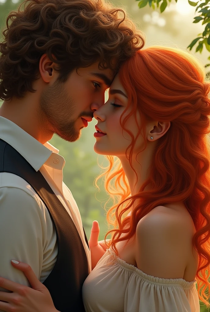 A couple with a short woman with red hair and a brown man with curly hair
