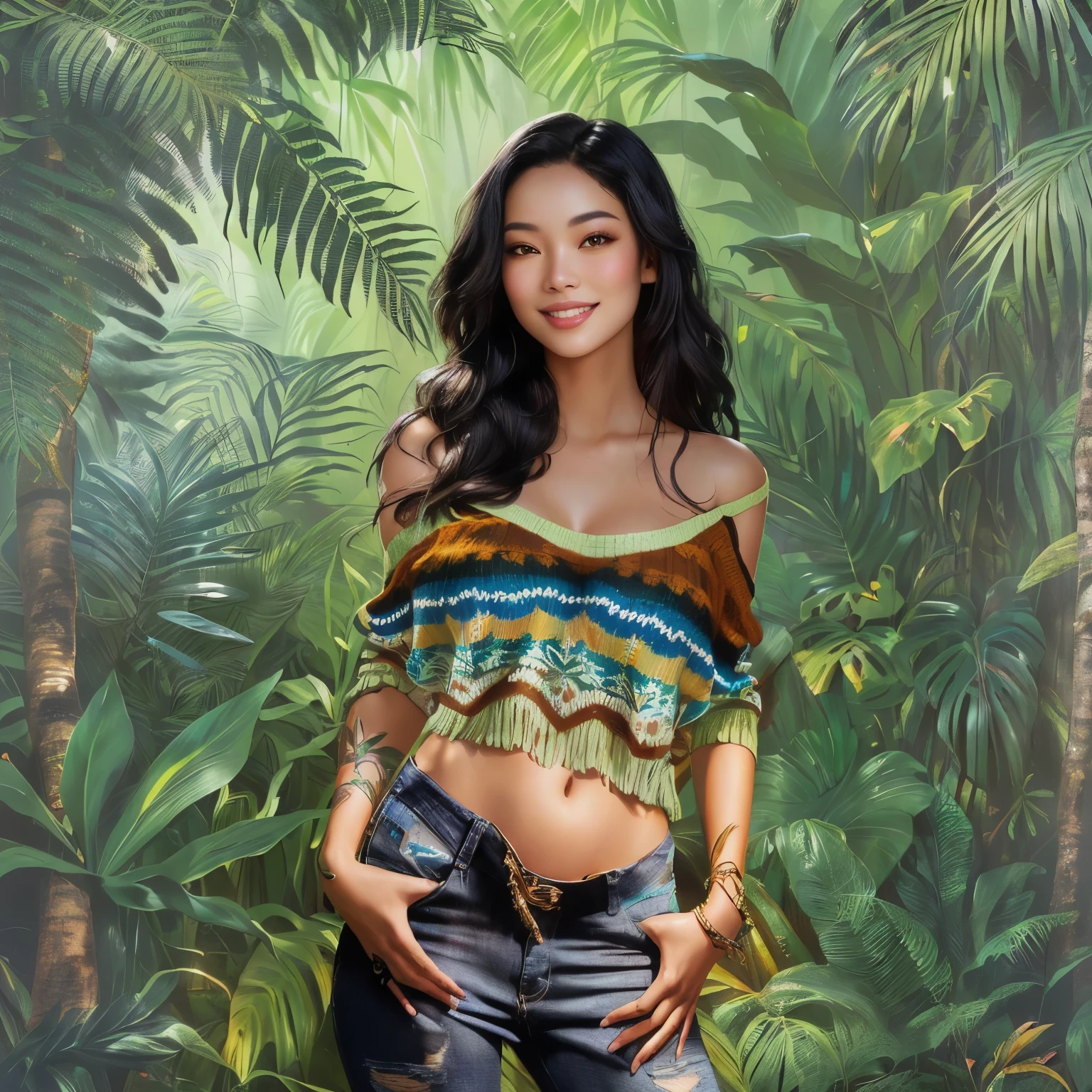 A photo-realistic digital airbrush illustration of a beautiful young woman with long black hair and brown eyes, standing confidently in the jungle. She is wearing jeans and an open, colorful crochet sweater, revealing a large tattoo on her belly. The sweater is off one shoulder. Her dark, tan skin complements the lush greenery around her, with the jungle serving as a detailed, vibrant background. The woman is smiling brightly, with her hands on her hips, radiating confidence and charm. The lighting is beautifully rendered, creating a full-body portrait with a model-like appearance, blending photorealism with the style of digital art, inspired by an Asian woman. there is a woman posing in a colorful top and jeans, in a jungle, in a tropical forest, in a jungle environment, in jungle, in the jungle, covered in plants, jungle grunge, in jungle forest, tropical, gorgeous jungle ranger, digital art. @mariomaniacdude, jungles in the background, the background is lush jungle