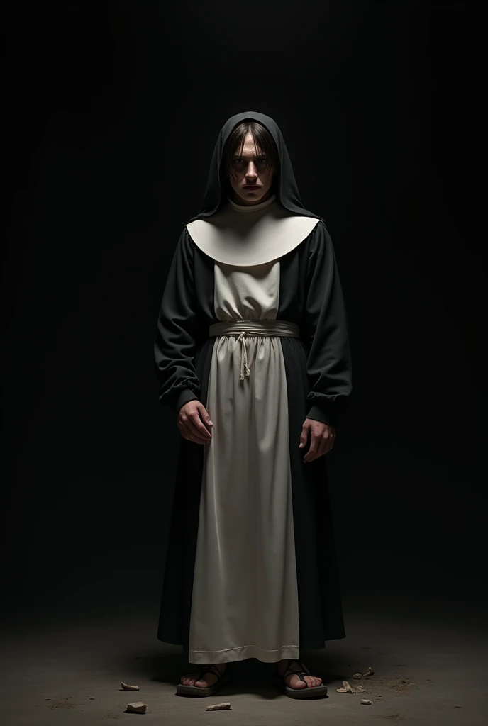one men, adolescent, aged 18, with a cold face, without feelings and who has nothing to lose.
In a black void.
Relatively long hair.
strong bodie, but worn out.
nun dress.