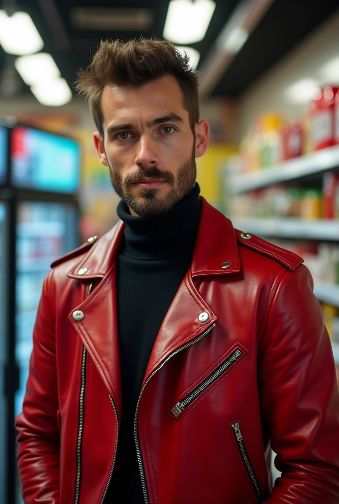 a handsome man in a red leather jacket, in a convenience store, ready for action, Upper part of the body, close up, (looking to the camera), (Sincere, aficionado), (raw, 8k, HD, Fujifilm XT3),