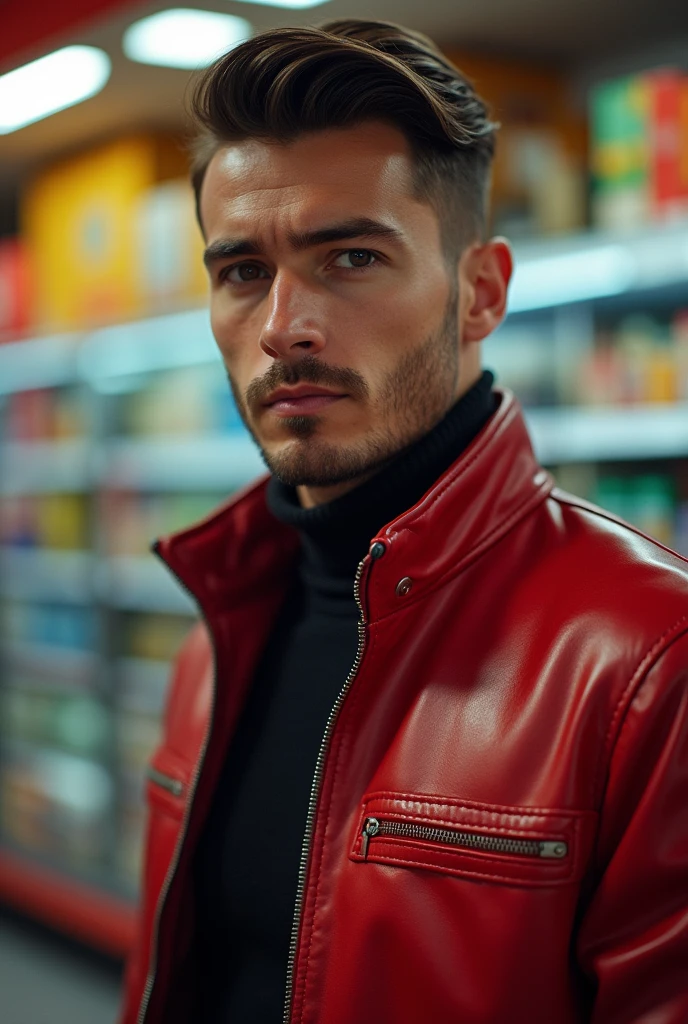 a handsome man in a red leather jacket, in a convenience store, ready for action, Upper part of the body, close up, (looking to the camera), (Sincere, aficionado), (raw, 8k, HD, Fujifilm XT3),  