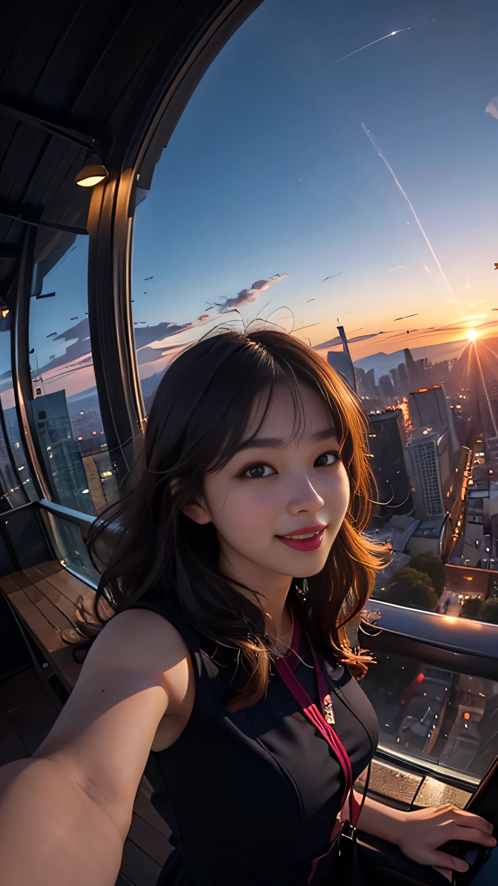 One girl, Korean, Fisheye Lens, Selfie, Wind, Messy Hair, sunset, Cityscape, (Aesthetics and atmosphere:1.2),smile