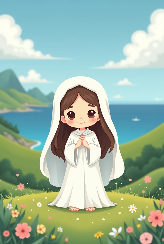 Virgin of the valley of Venezuela , with brown hair, White dress, at sea, kawaii style 