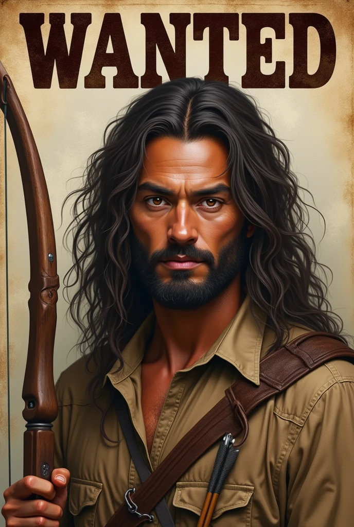 create a wanted poster of a brown man with long brown hair tied up with a realistic bow and arrow