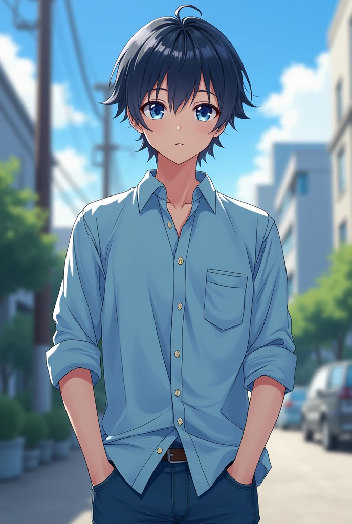 Boy medium hair anime style and Japan style with blue eyes light blue social shirt with 3 buttons near the collar and jeans looking 25 years old