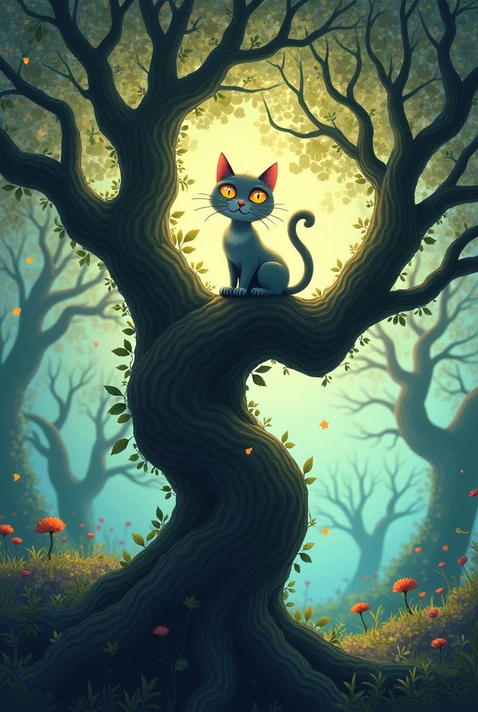 Illustrate a cat similar to the Cheshire Cat from 'Alice in Wonderland,' perched high on a gnarled, whimsical tree in a surreal forest. The cat should have a mischievous grin, with wide, glowing eyes that seem to see beyond the ordinary. Its body can be partially transparent, blending into the shadows of the tree, giving it an ethereal, almost ghostly presence. The tree is twisted and exaggerated, with thick, curving branches that spiral into the sky, each covered in leaves that seem to shimmer and change color subtly. The background is a dreamy, vibrant forest, where the trees and plants have unusual shapes and colors, adding to the otherworldly atmosphere. The cat’s tail could curl around the branch, almost as if it’s an extension of the tree itself, further enhancing the surreal quality of the scene. The lighting should be soft and magical, with dappled light filtering through the leaves, casting playful, shifting shadows.
