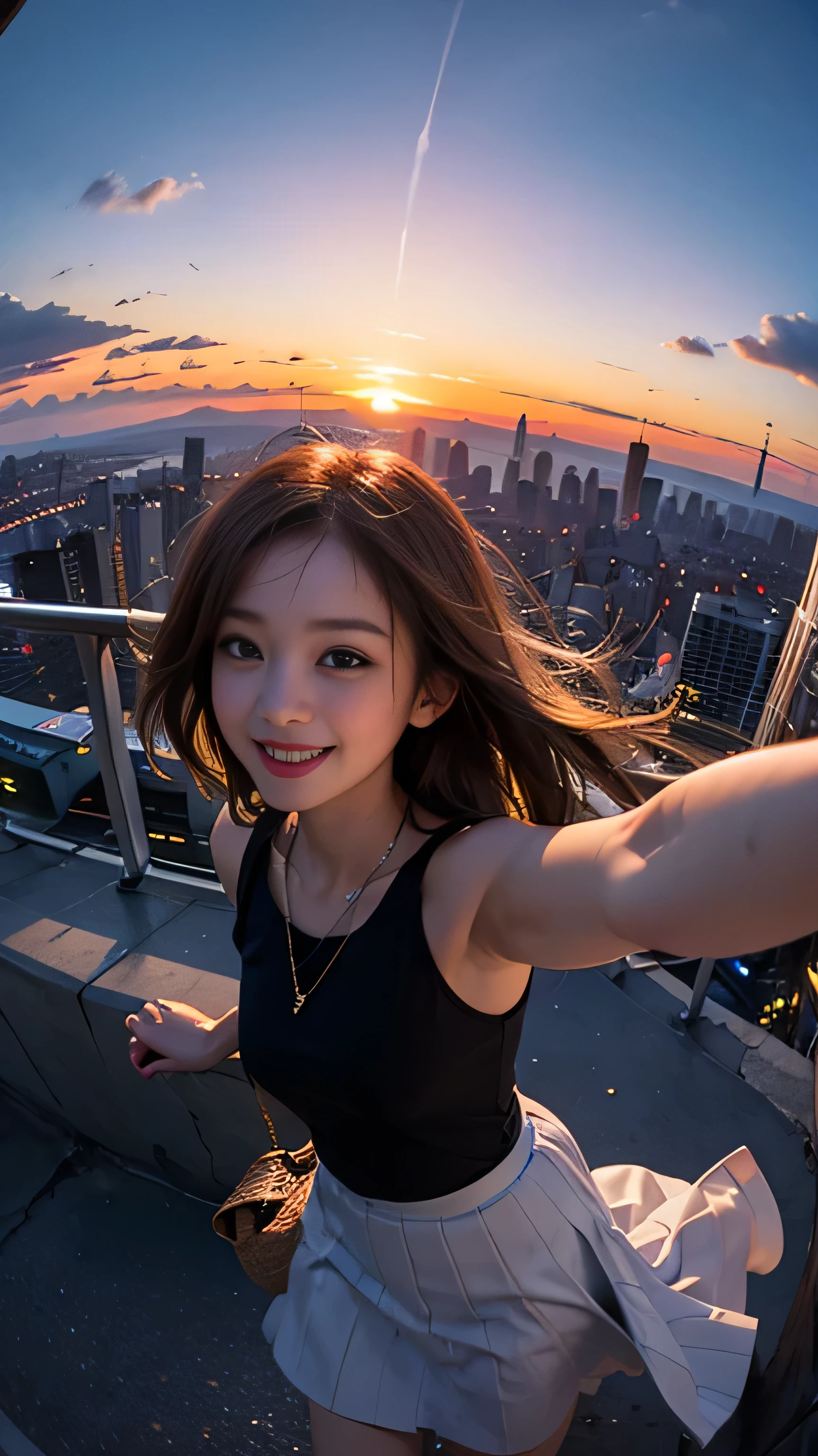 One girl, Korean, Fisheye Lens, Selfie, Wind, Messy Hair, sunset, Cityscape, (Aesthetics and atmosphere:1.2),smile