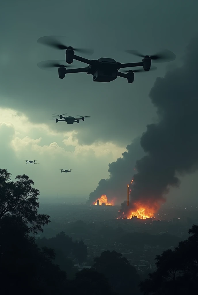 Dark Skies and Drones: The sky would be covered by dark clouds, with military drones flying over the main Brazilian cities, as São Paulo, Rio de Janeiro and Brasilia.
explosions and smoke: Explosions could be seen in the distance, with columns of smoke rising from industrial areas and strategic ports.