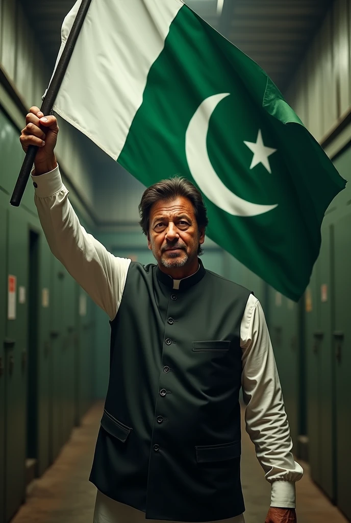 The Prime Minister of Pakistan Imran Khan stood in jail waving the flag of Pakistan.