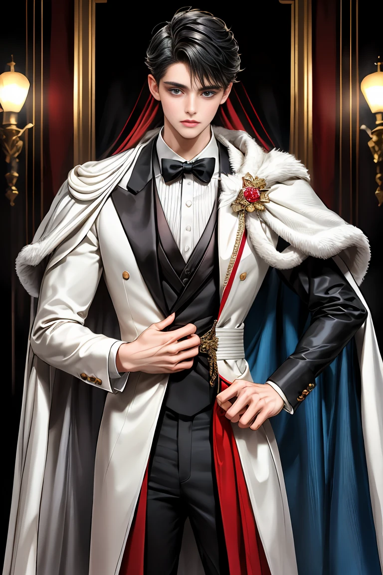 masterpiece, 最high quality, high quality, 1 boy, alone, Male focus, Watching the audience, Messy black hair, Adorable big blue eyes, White, Noble, Noble,A sexy, voluminous, puffy cape、tuxedo、A very voluminous, large, very large, very large, long, long red and black cape with a high stand-up collar, made of a lot of fabric that reaches down to the floor., ,Cute beautiful boys,Cute, cute, kind, handsome guy
