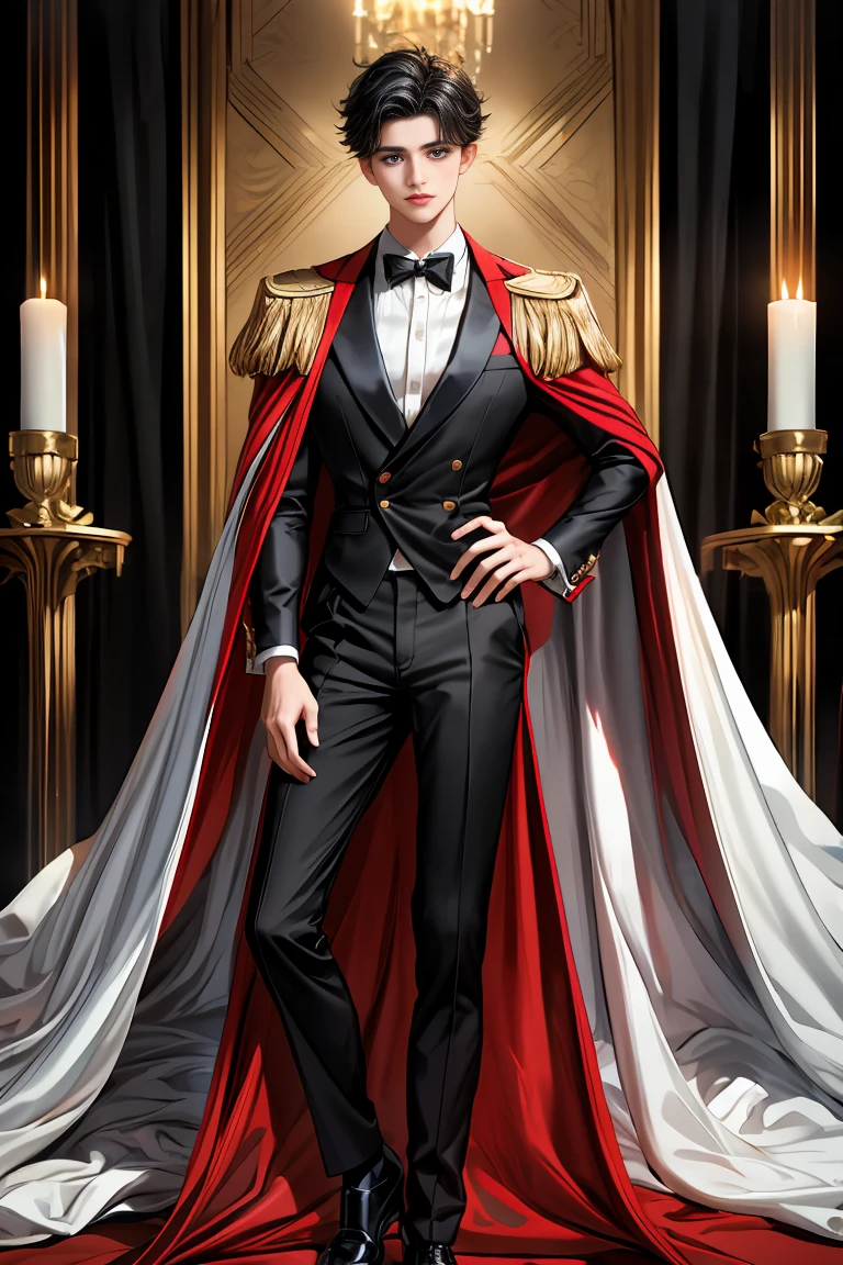 
masterpiece, 最high quality, high quality, 1 boy, alone, Male focus, Watching the audience,  Messy black hair, Adorable big blue eyes, White, Noble, Noble,A sexy, voluminous, puffy cape、tuxedo、A very voluminous, large, very large, very large, long, long red and black cape with a high stand-up collar, made of a lot of fabric that reaches down to the floor., ,Cute beautiful boys,Cute, cute, kind, handsome guy