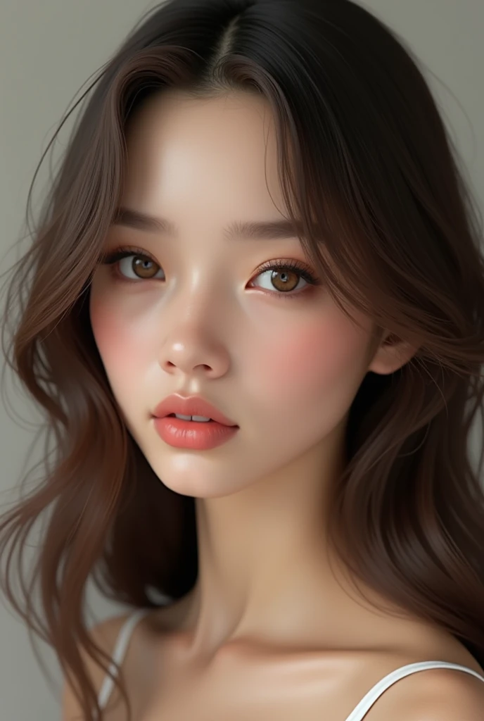Create a beautiful woman&#39;s face, but that looks real. with long hair, eyes browns, slightly rounded structural face, small mouth
