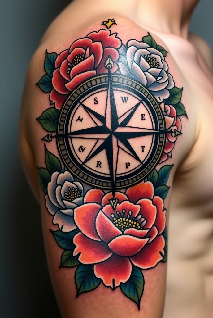 Traditional compass and flowers tattoo 