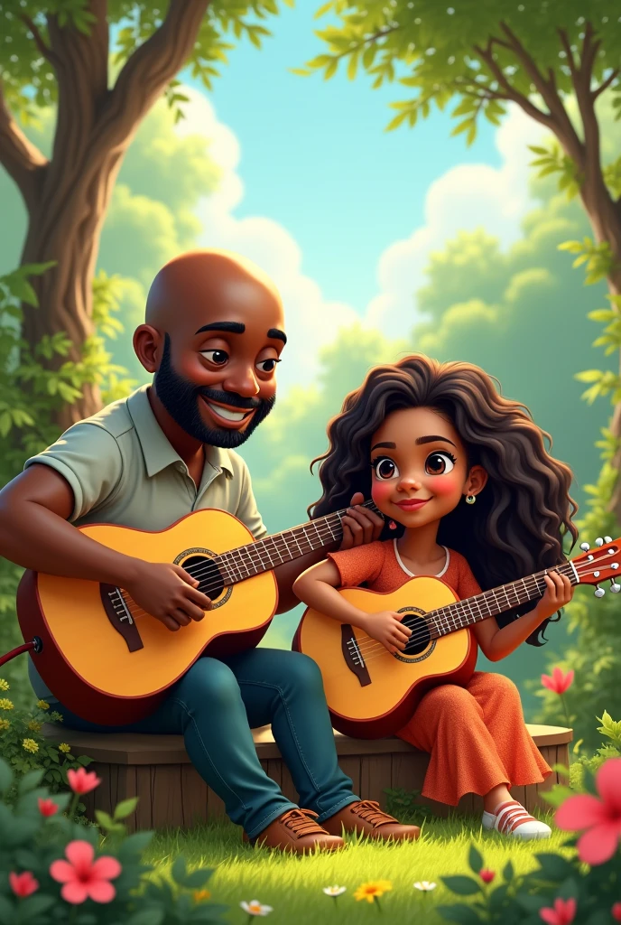 Black chubby bald man playing guitar with his 17 year old brown skinned daughter with wavy hair also playing guitar cartoon style they are sitting in a garden