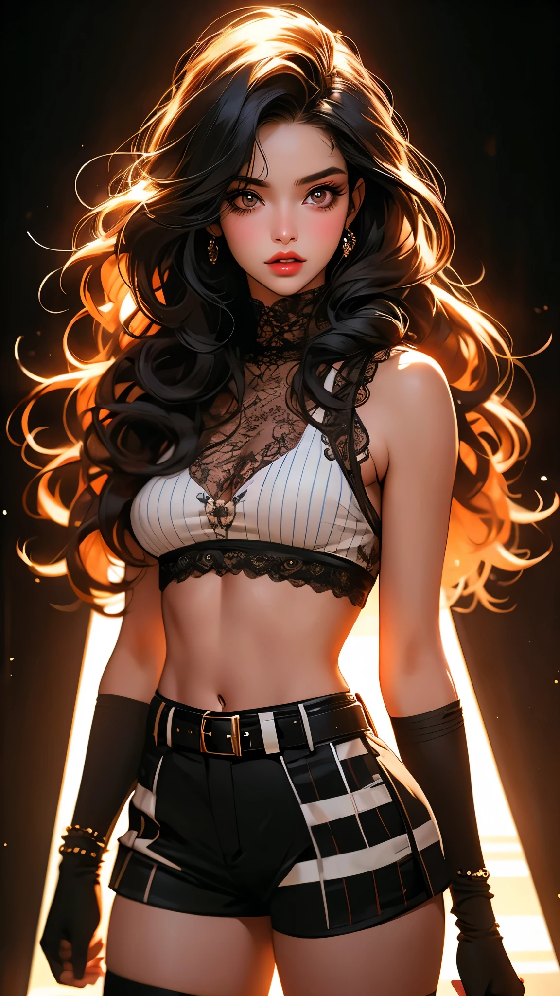 1girl, striped thigh-highs, red and white striped stockings, shorts, black crop top tucked into shorts, belt, long curly hair, beautiful detailed eyes, beautiful detailed lips, extremely detailed face, longeyelashes, medium bust, nipples covered, studio lighting, highly detailed, cinematic lighting, photorealistic, realistic skin texture, dynamic pose, intricate details, warm color palette, glowing skin, hyper detailed, vibrant colors, award winning photography, ethereal, elegant, alluring, portrait