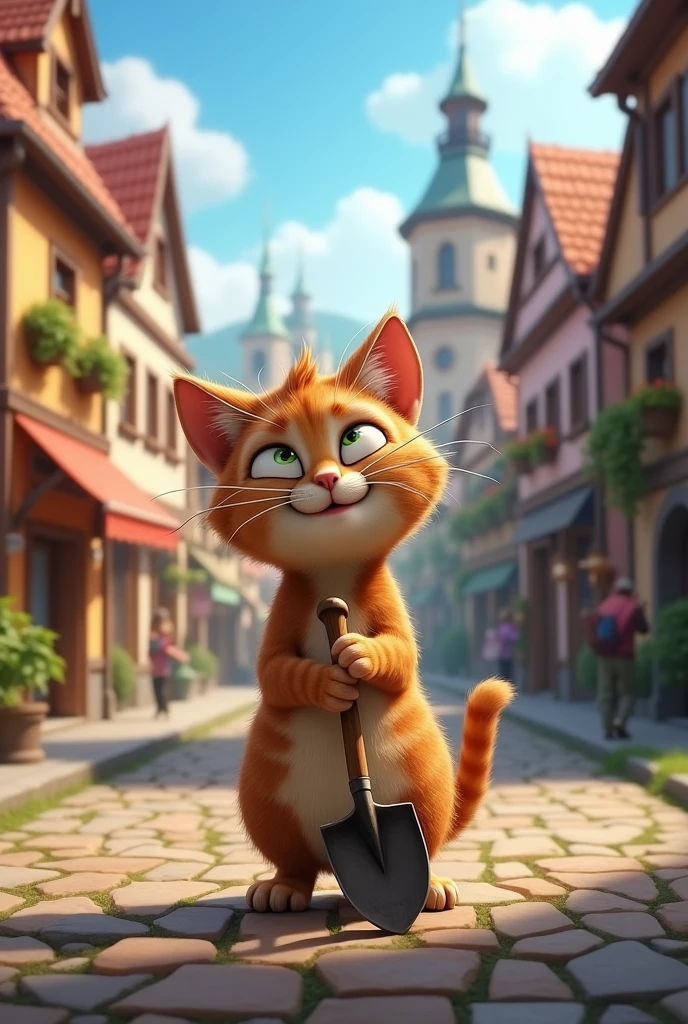 Lets generate photo of cat with shovel in town Węża