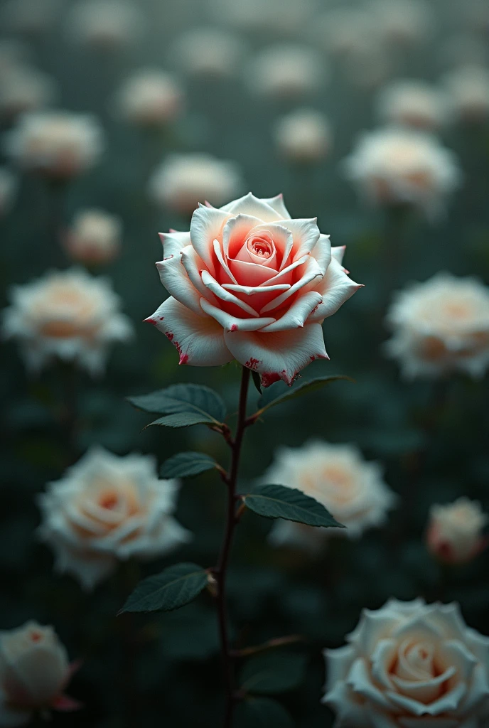 Book cover that is about a white rose that is almost completely dyed red by the blood between many white roses of an incomplete love