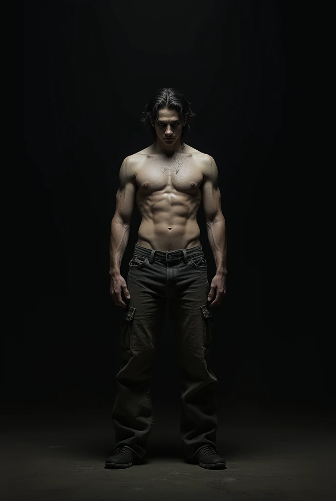 one men, adolescent, aged 18, with a cold face, without feelings and who has nothing to lose.
In a black void.
Relatively long hair.
strong bodie, but worn out.
Wearing only a pair of fighter pants.