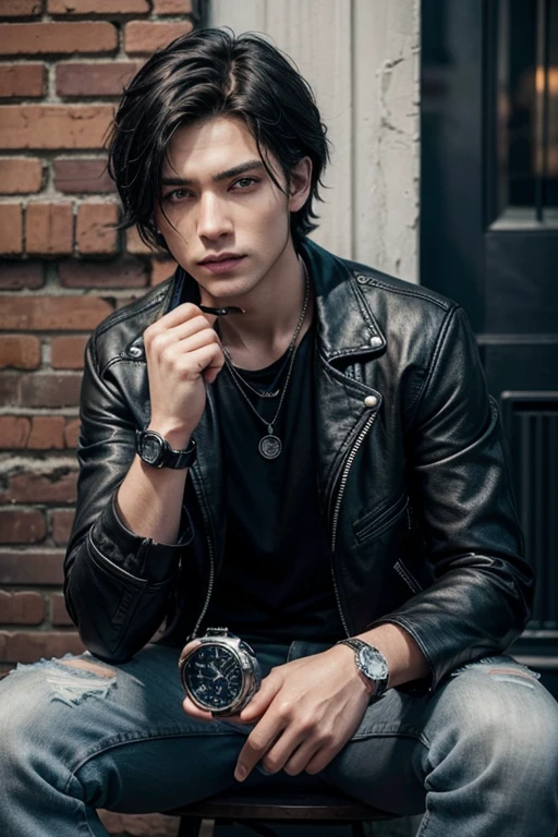 crie um token com Cabelo: blackw, short and always well-groomed Eyes: Dark Blue Clothes: Usually seen with black leather jackets, white or dark t-shirts, faded jeans and biker boots. Wears a chunky wristwatch and a necklace with a hawk pendant, your lucky charm.