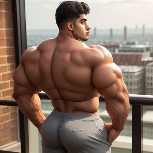 4 meter tall slightly overweight indian men. 20 years old. Childish Young hairless fresh face. In london with friend. Very sexy Posing for camera. Muscular. Wearing a henley and a tight gray sweat pants. Big ass. Smooth body and face. Belly seen. Long long legs. View from the back. Sunlight.