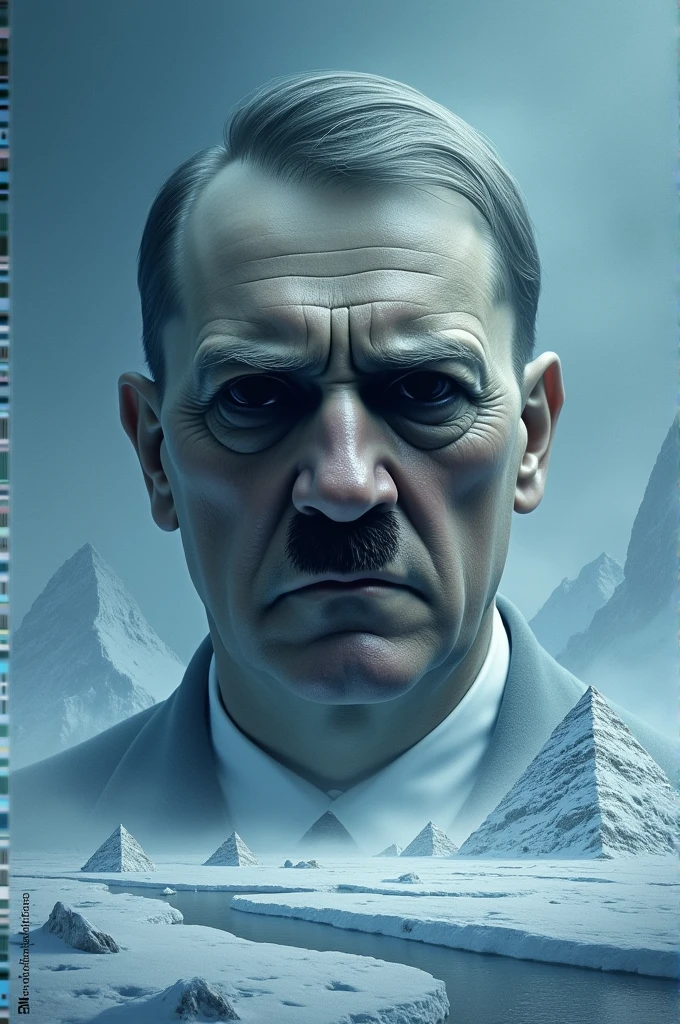 Hitler with black eyes.
In the background, Antarctica with pyramids
( needs to have color, the background with blue colors)