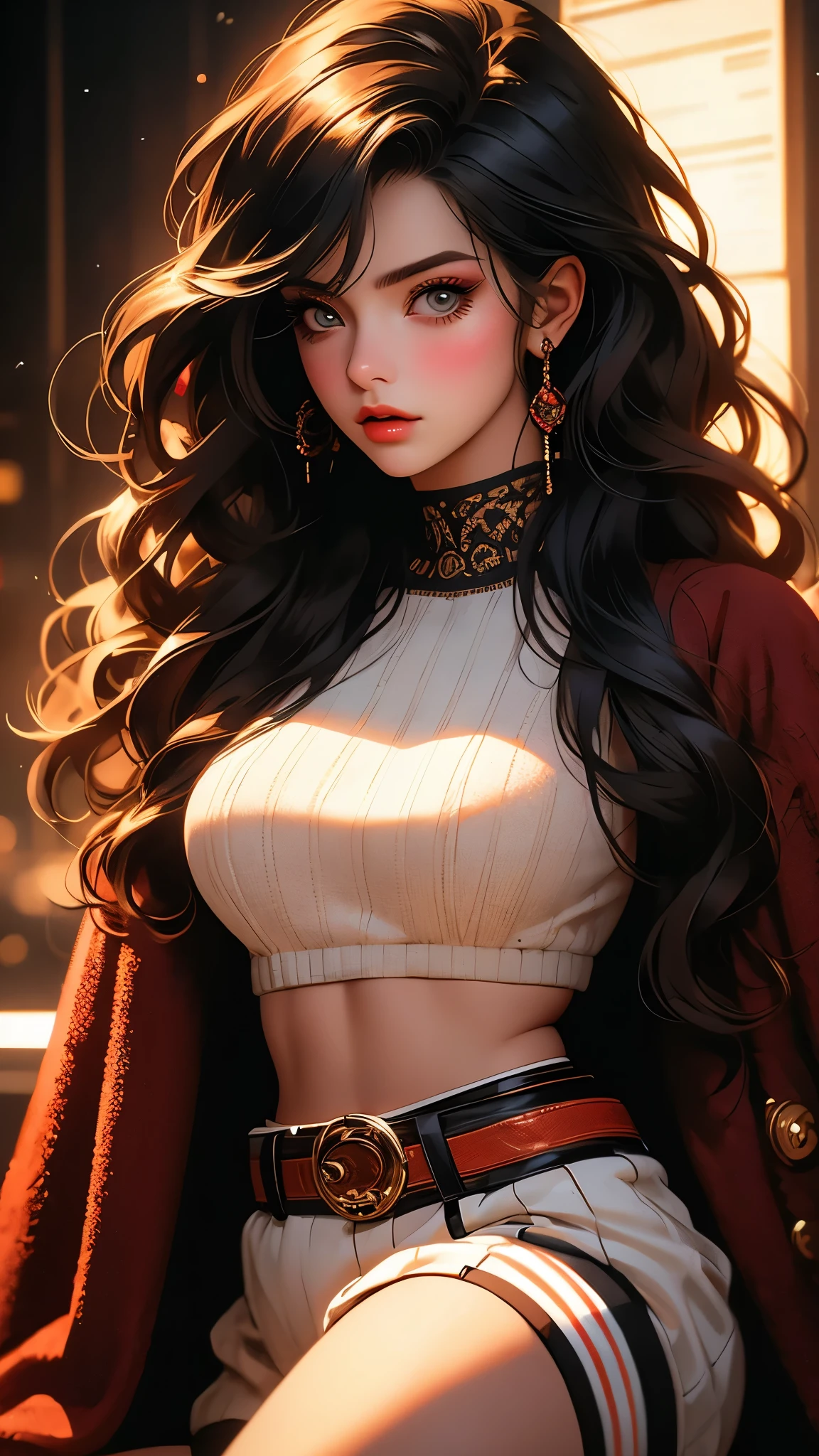 1girl, striped thigh-highs, red and white striped stockings, shorts, black crop top tucked into shorts, belt, long curly hair, beautiful detailed eyes, beautiful detailed lips, extremely detailed face, longeyelashes, medium bust, nipples covered, studio lighting, highly detailed, cinematic lighting, photorealistic, realistic skin texture, dynamic pose, intricate details, warm color palette, glowing skin, hyper detailed, vibrant colors, award winning photography, ethereal, elegant, alluring, portrait