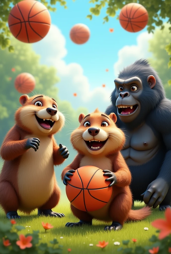 BEAVERS, Wolves and gorillas celebrating together, happy and playing with basketballs 