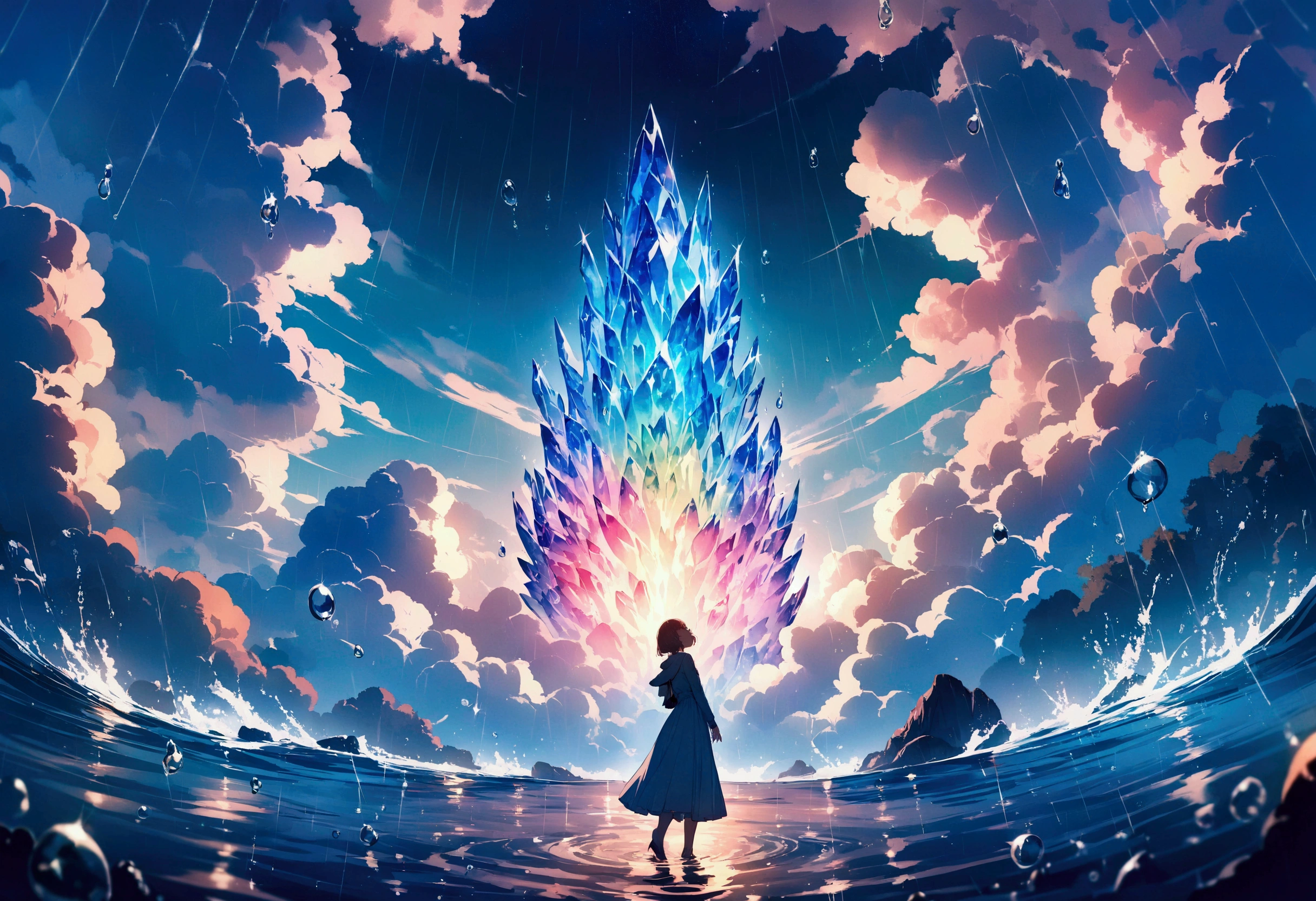 short hair,Beautiful sky, rain,(Crystal clear rain sparkles in the sky,Water Drop), masterpiece,High resolution