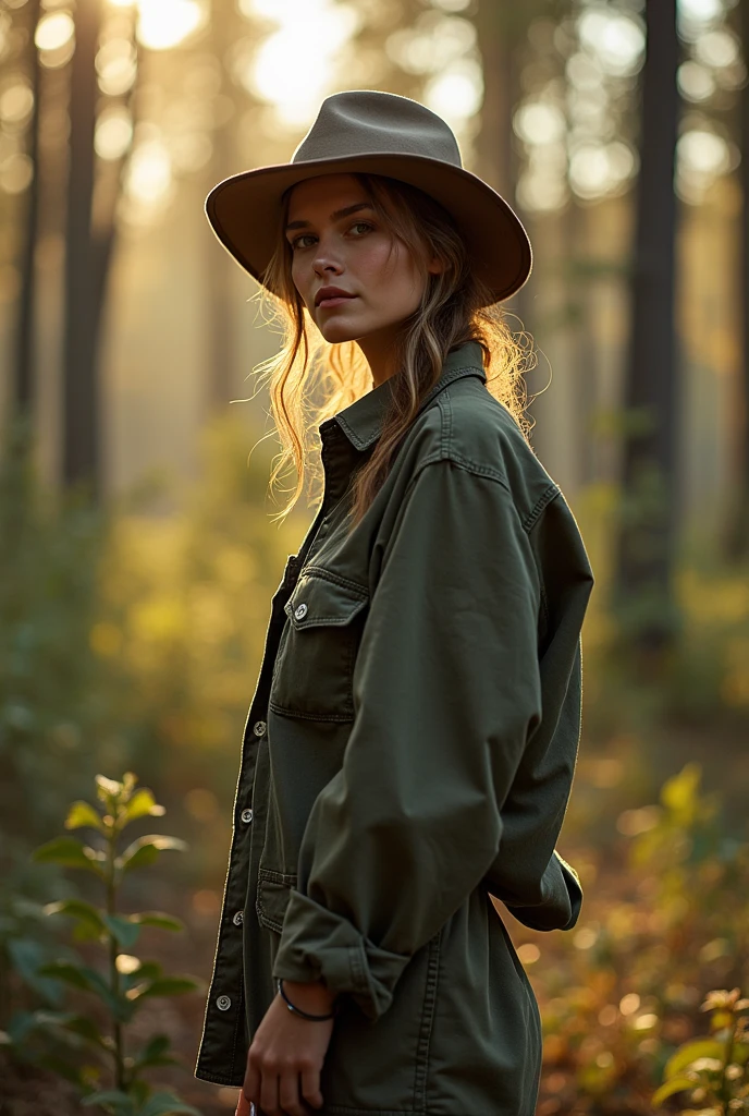 Summer Deforestation: In summer, Deforestation can aggravate forest fires due to high temperatures and droughts, resulting in habitat loss and increased CO₂ emissions creates a model posing in full body clothing of this theme