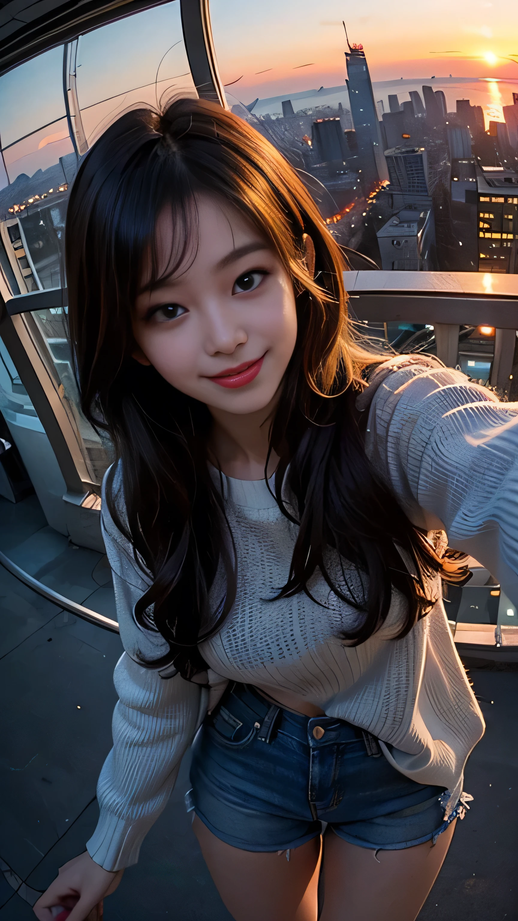 One girl, Korean, Fisheye Lens, Selfie, Wind, Messy Hair, sunset, Cityscape, (Aesthetics and atmosphere:1.2),smile