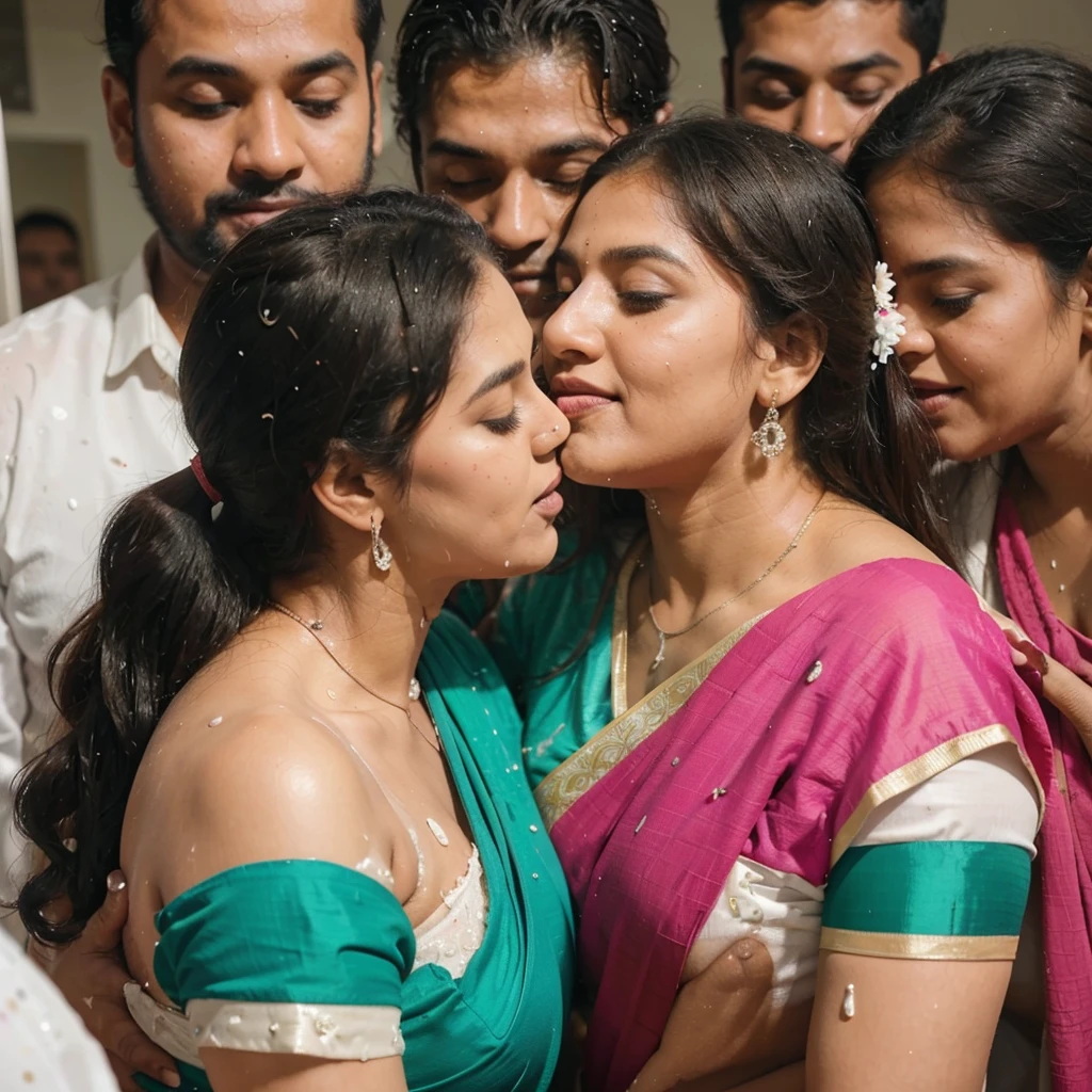 a 50-year-old shirtless man affectionately hugging and kissing aradiant, full-figured South Indian plus-sized 30 year old teacher wearing a off white silky saree in dressing room, (cum Splash on her face and blouse, cum Splash on her face, cum Splash)captured in a full-body image with vibrant hues and meticulous details. Full body image