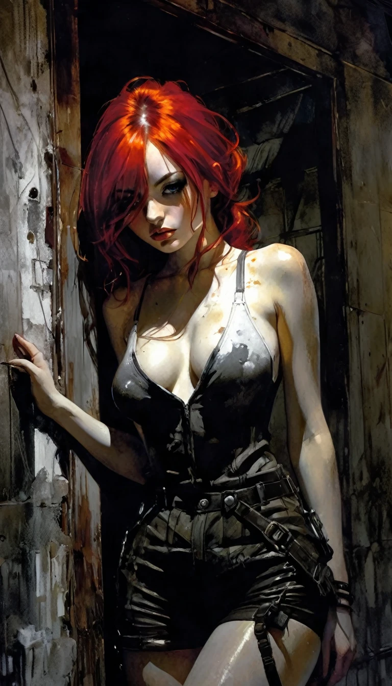 Very sexy girl, red hair, very tight explorer clothes, marked nipples, posing sexy in a room of an abandoned house, great detail of an abandoned house, manga style, eroticism, sexy, black and white image, between shadows, oil painting, chiaroscuro, sensual, dramatic lighting, moody atmosphere, photorealistic, intricate details, masterpiece, ultra-detailed, high quality, 8k, best quality, realistic, cinematic, dark and brooding, expressionistic, powerful composition, emotional impact,, Bill Sienkiewicz inspired art