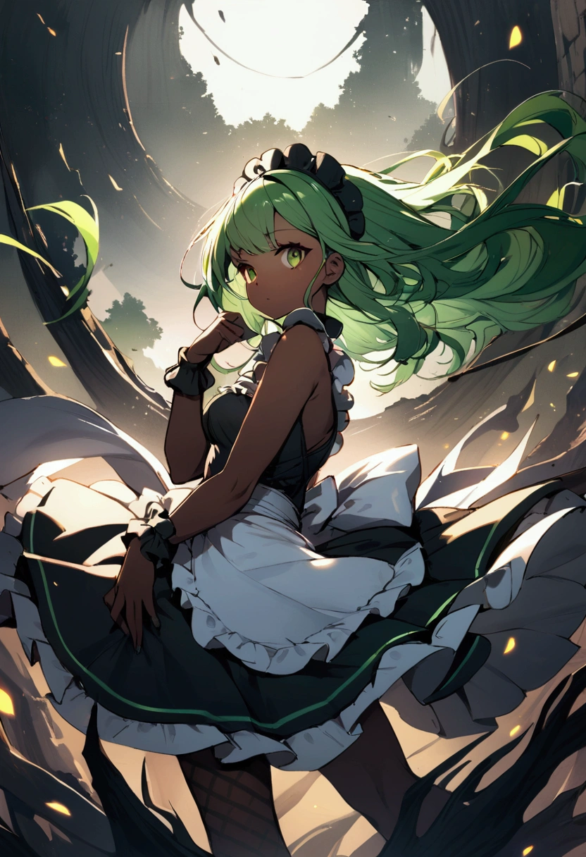 Girl in a short maid dress green hair with brown skin with whit spots