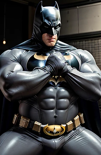 close up to Batman has swollen bicep and chest with pecs under white latex suit from arkham asylum even more muscular and bigger and massive hard Molesting frottage on the bed other Batman muscular legs małe thick swollen muscular big batman bodybuilder only in withe grey and shiny latex full body suit, growth bump up chest. big buff packed create a Batman presenting tight latex pants huge bulge, wide chest, huge batman, huge muscles, very packed, buff chest, abs, big bicep, muscular white grey Batman in latex, full body costume and has big erection bulge