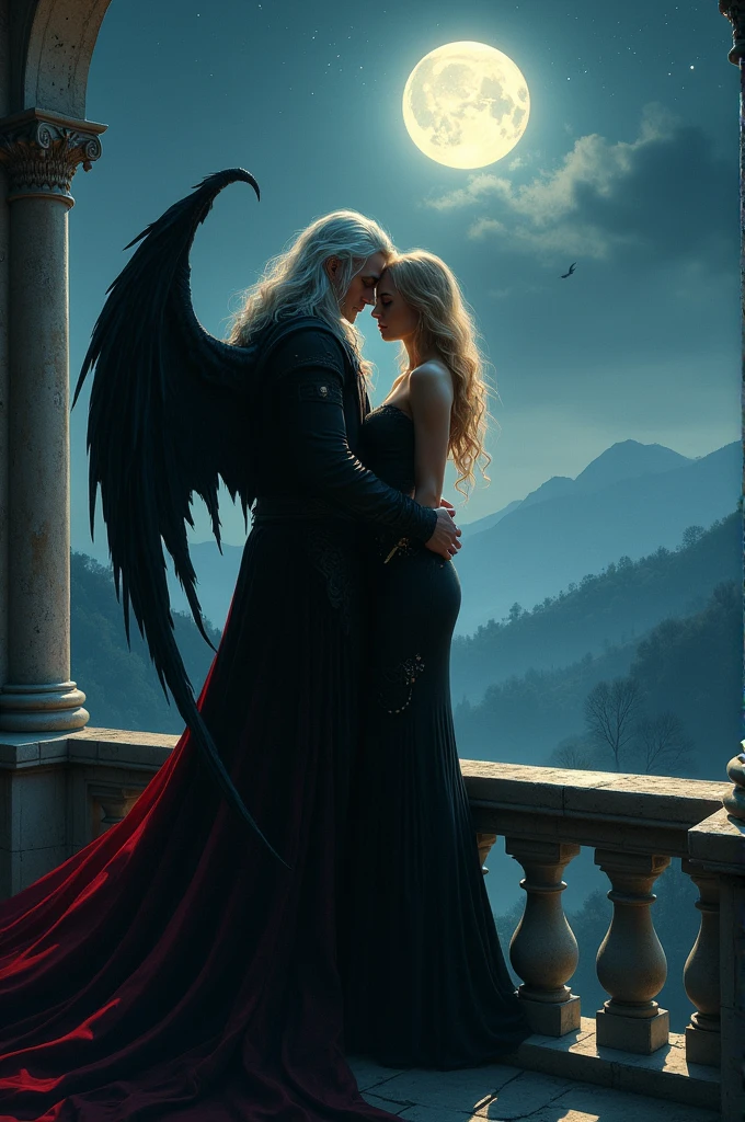 A Male vampire with long white hair and batwings standing with a blonde woman on a castles balcony and they are shadows. The woman has a red ballgown on her. The vampires batwings are around the woman's body and they are close to eachother. From the balcony, you can see the moon and the dark sky, aswell as the mountains and trees.