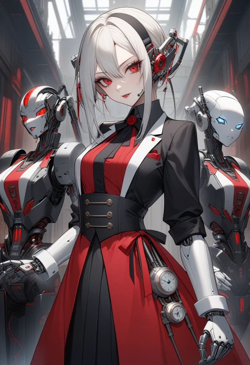 cybernetic female vampire,Female Vampire Robot Butler, Metal mechanical dial,Mechanical joints,A female robot dressed as a housekeeper'uniform,female robot housekeeper、Responsible for various household chores and fireplace maintenance.,sofa,Victorian style, steampunk,, ai-generated,Shiny Costumes, skindentation,