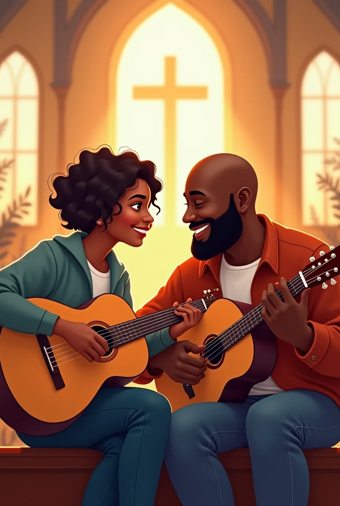 Black chubby bald man playing guitar with his 17 year old brown skinned daughter with wavy hair also playing guitar cartoon style they are sitting in church
