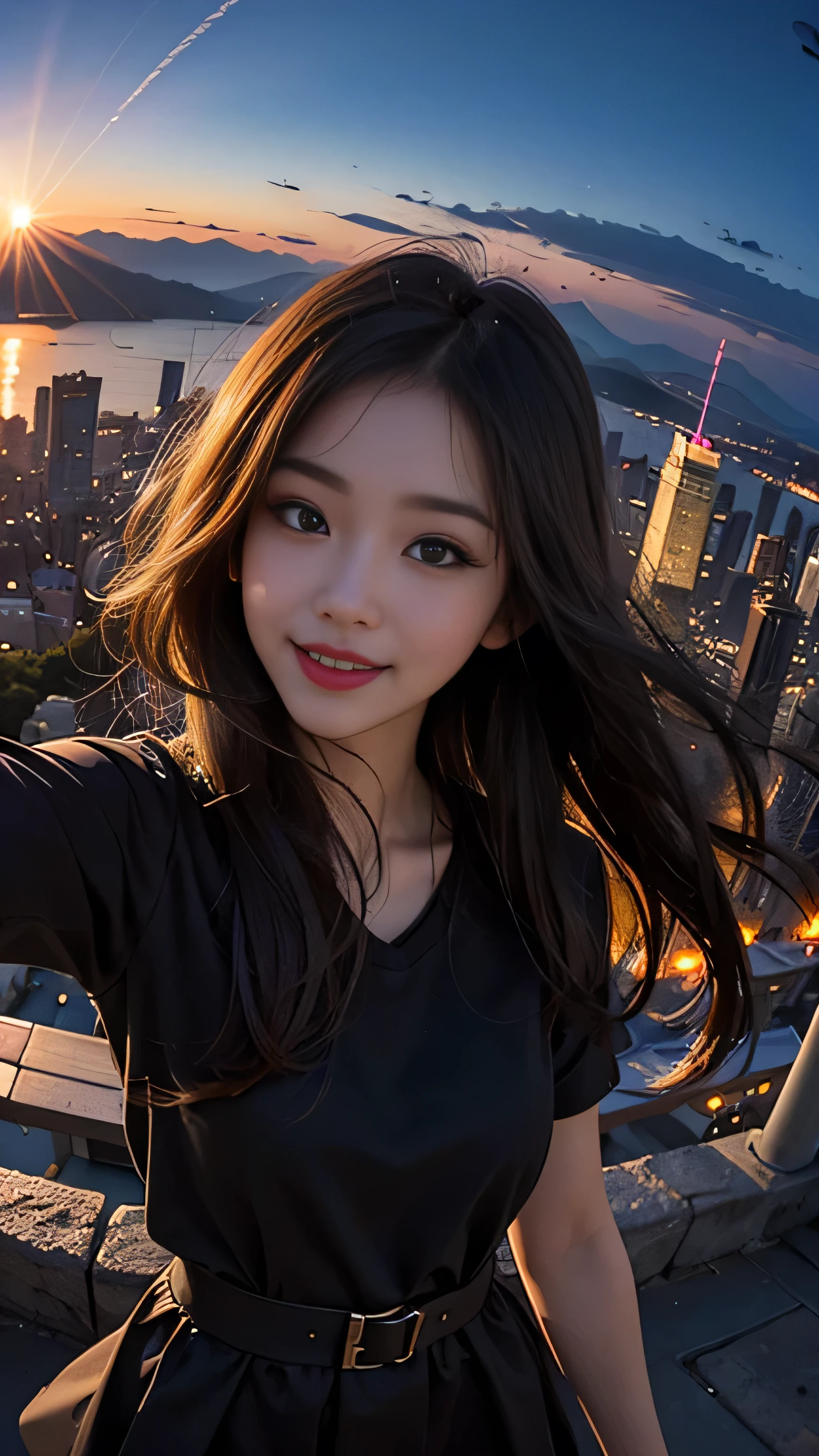 One girl, Korean, Fisheye Lens, Selfie, Wind, Messy Hair, sunset, Cityscape, (Aesthetics and atmosphere:1.2),smile
