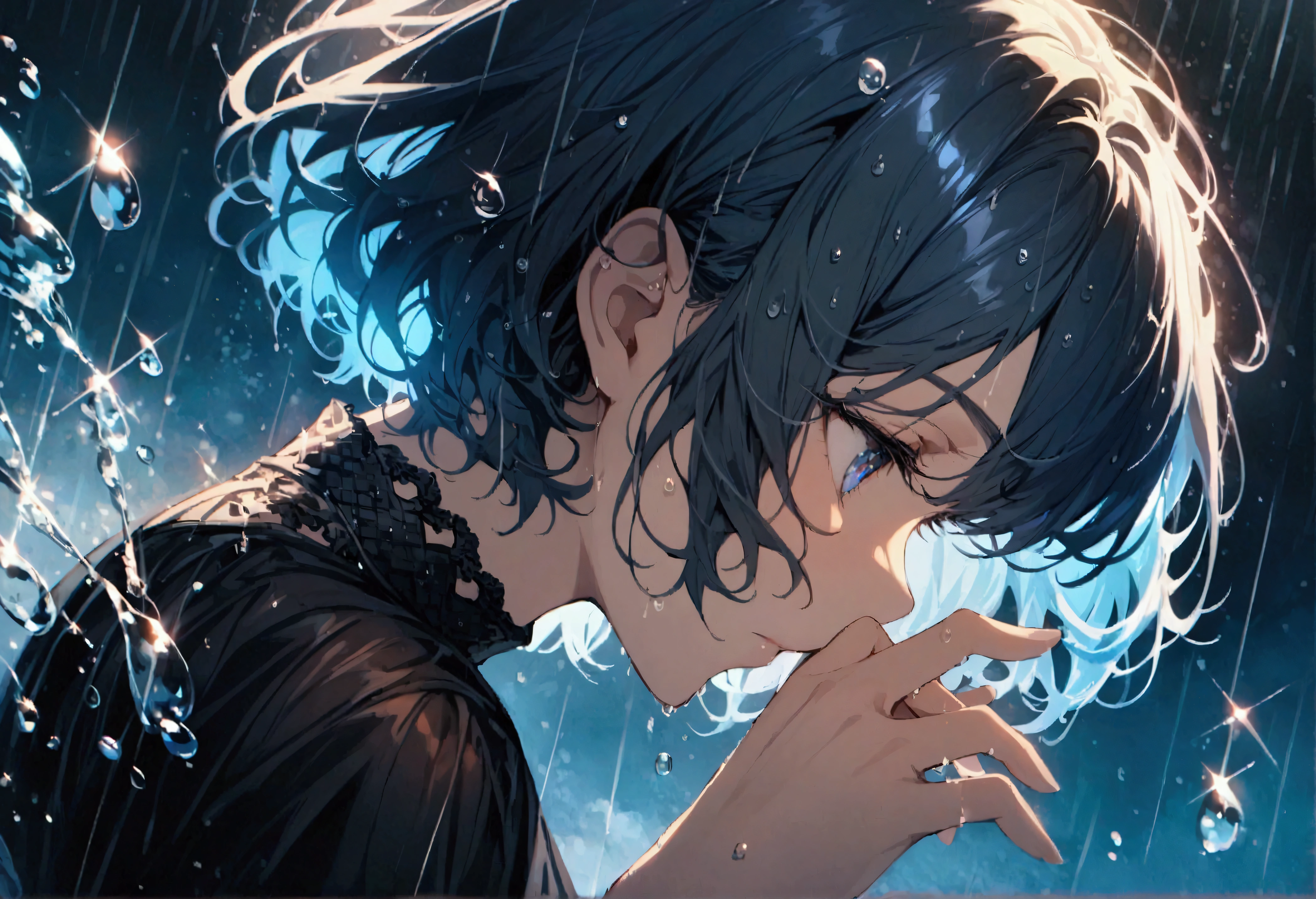 short hair,Beautiful sky, rain,(Crystal clear rain sparkles in the sky,Water Drop), masterpiece,High resolution