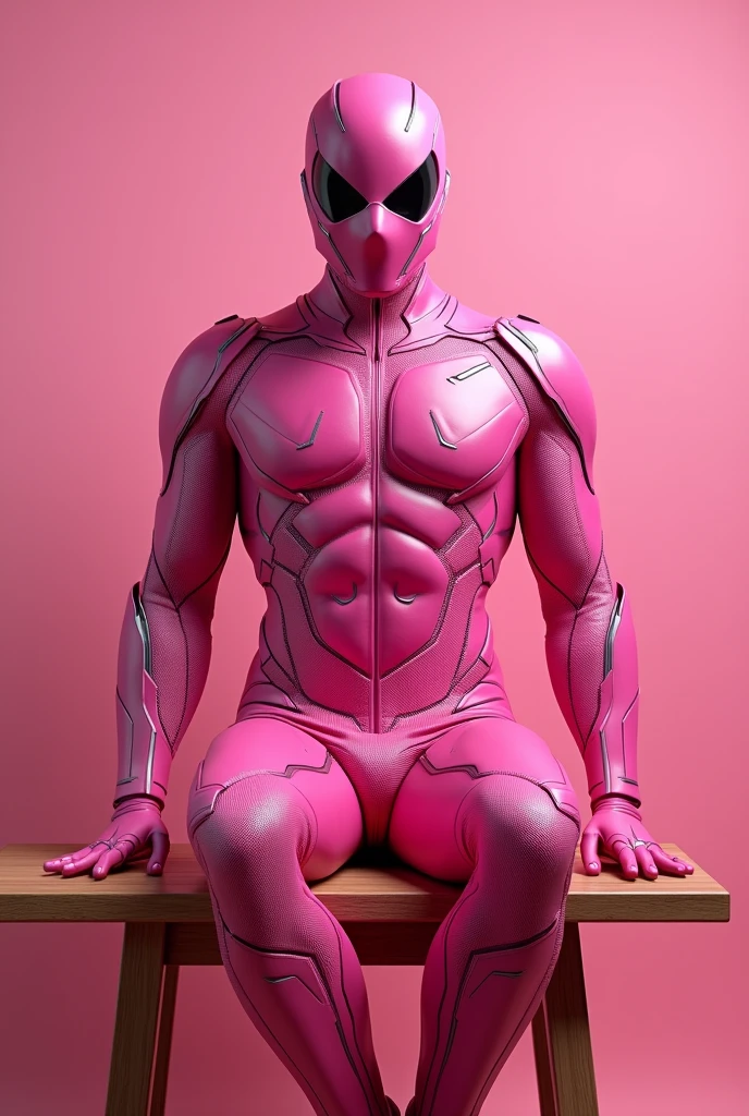 Make a picture of a pink vibrant superhero suit with a mask left on a table